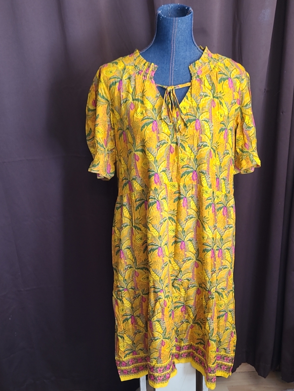 Yellow Floral Tie-Neck Women’s Dress